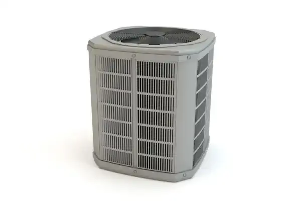 A gray outdoor air conditioning unit with a fan on top and vented sides sits on a plain white background, ready for its next service in Woolwich Township, NJ.