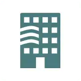 Icon of a teal building with ten windows and a wavy design on its facade, set against a white background.